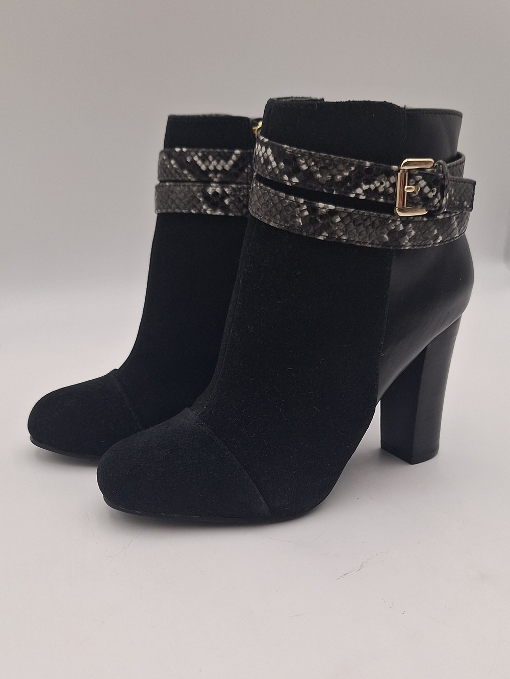 Black Suede Ankle Boots with Snake-Print Strap Size 5.5